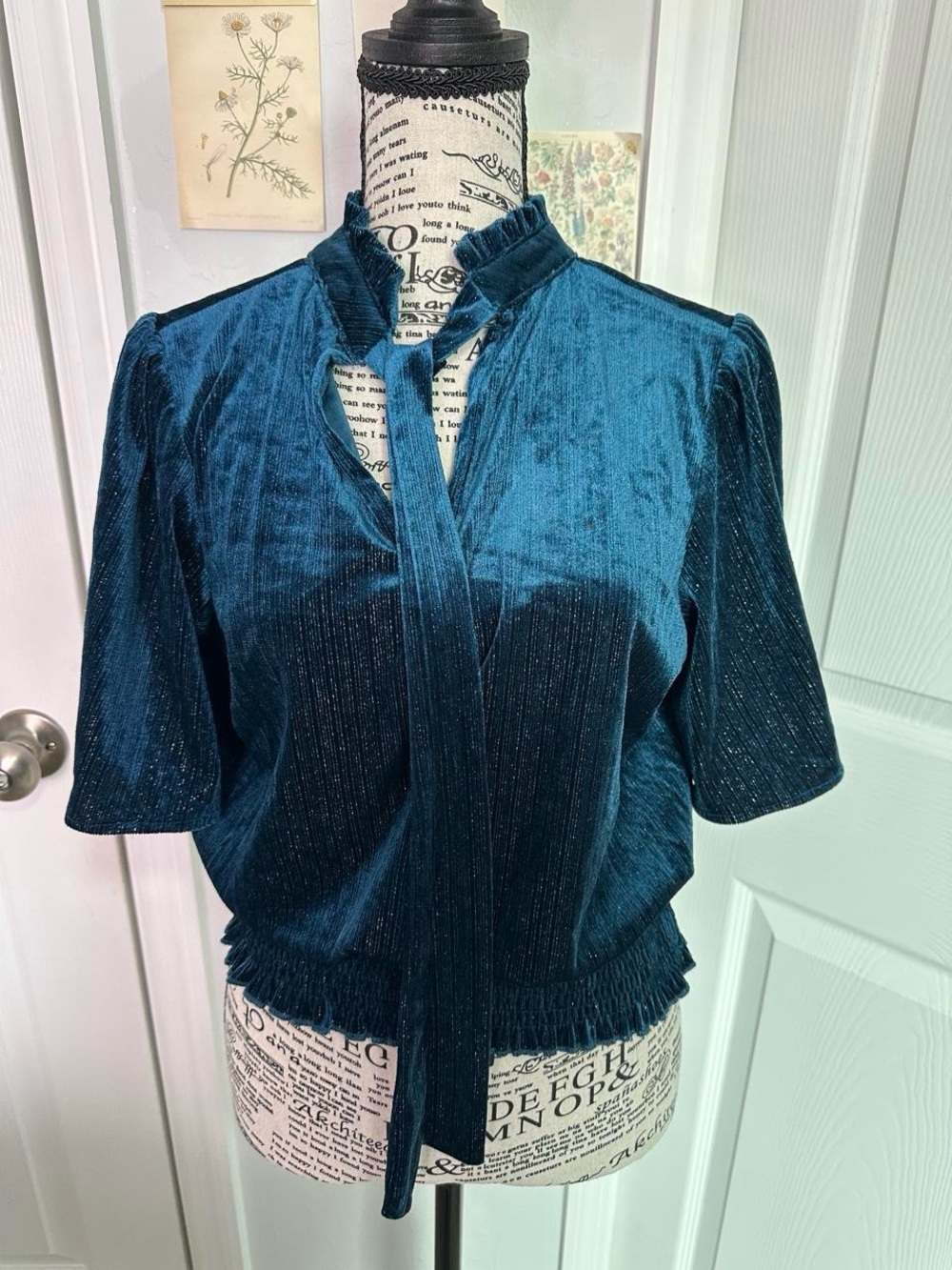 Velvet Teal Tie-Neck Blouse